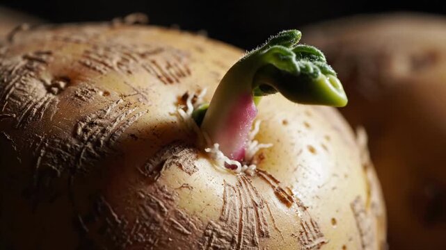 Sprouting potato tuber with green shoot emerging from eye.