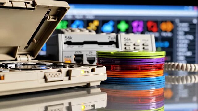 A beige-colored electronic device with an open lid sits next to a stack of colorful CDs on a reflective surface, with a blurred computer screen in the background