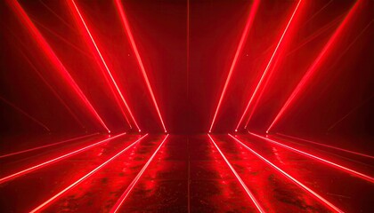 Fototapeta premium Abstract convergence of vivid red laser beams in a dark, glossy, reflective space