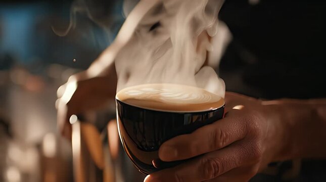 Barista Pouring Steaming Hot Coffee Drink.