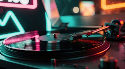 Naklejka premium A close-up of a vinyl record spinning on a turntable, illuminated by neon lights creating a vibrant, retro atmosphere.
