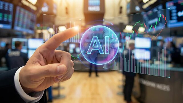 AI bubble financial charts risk market speculation economic crisis concept hand pointing virtual screen stock exchange trading floor room analysis