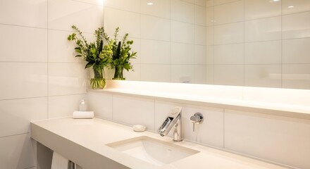 Modern Bathroom Vanity with Fresh Green Flowers and Sleek Faucet.