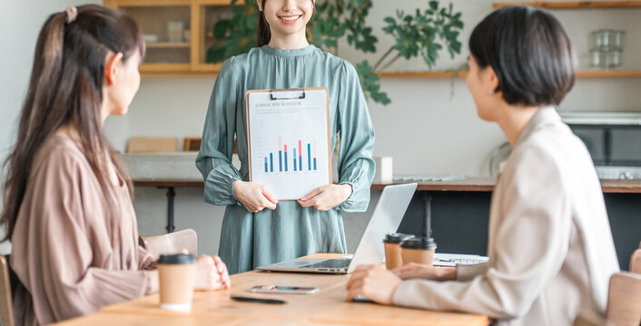 Businesswoman holding a marketing meeting (office casual, meeting)