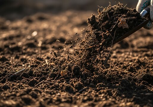 Gardening preparation scene with a shovel, soil, and fertile land