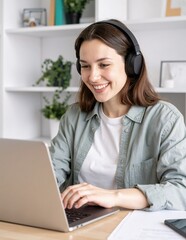 a focused woman wearing over-ear headphones, typing on her open laptop at a tidy desk in a softly lit, modern home office