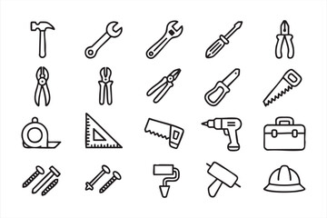 Construction and tools line icon set for building, repair, and maintenance design