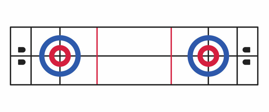 Curling sheet top view vector illustration. Flat design curling rink layout with house target, hog line, and center line. Winter sport ice field diagram isolated on white background.