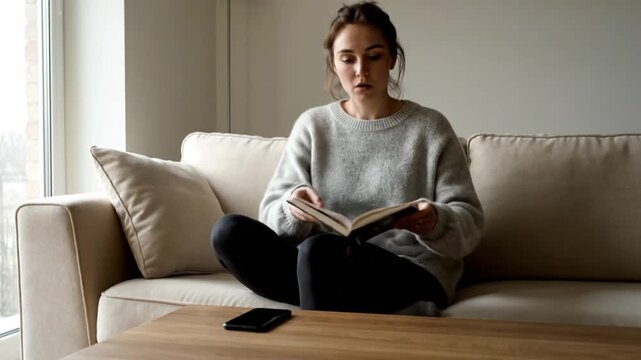 Young woman reading a book on a couch, then looking at her phone, at home