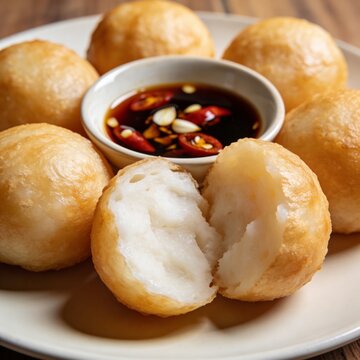 Indonesian pempek palembang fish cake, centered composition, vinegar sauce detail