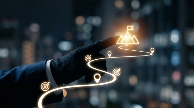 Businessman pointing to goal achievement digital graphics path showing strong determination and future vision for business success strategy development