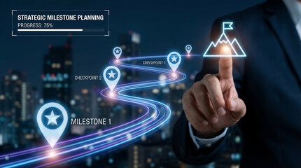 Fototapeta premium Businessman hand touching virtual interface showing strategic milestone planning path leading to success with confident and professional expression