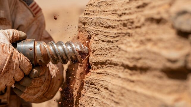 A scientist's gloved hand operates a drill to extract a core sample from layered rock, signifying geological research and exploration.