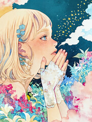 顔の前で手を合わせる女性