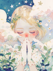 顔の前で手を合わせる女性