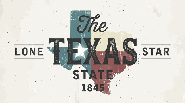 Vintage Texas Lone Star State Map Illustration with Grunge Texture, Retro Typography, and Historical Date for Americana Designs