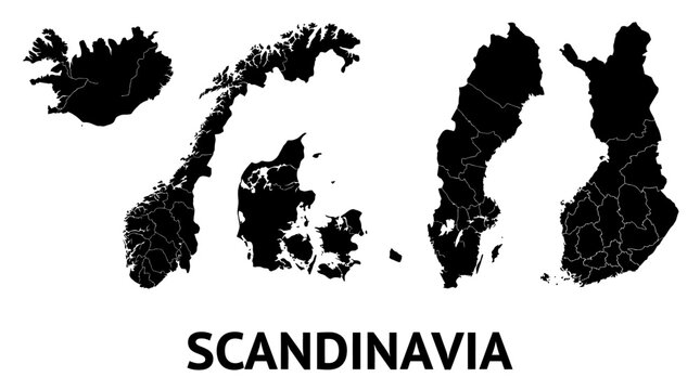 Nordic Countries Maps Silhouette Collection: Iceland, Norway, Denmark, Sweden, Finland Outlines with Administrative Divisions for Geography, Travel