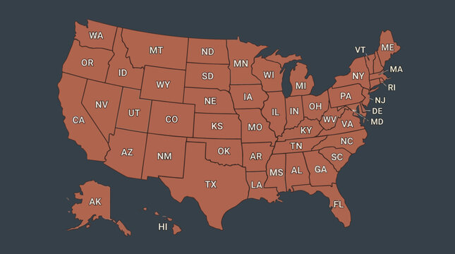 United States Map with All 50 States Labeled by Abbreviation. Modern USA Political and Geographic Outline for Presentations & Education.