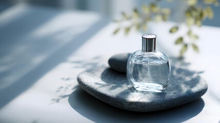 Fragrance Essence: A transparent perfume bottle, elegantly poised atop a smooth stone, is bathed in the gentle caress of sunlight, with a delicate plant in the backdrop.