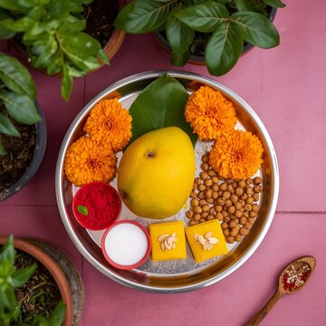 hand holding vat savitri puja thali. it includes prasad of mango, ladoo, diya, sindoor, moli, chana and marigold flower