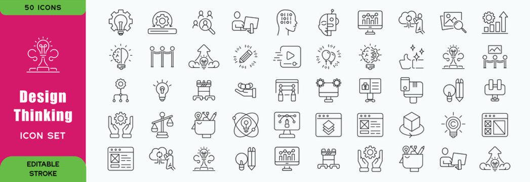 Design Thinking line editable icon set. Contain icons related to design, thinking, ideation, brainstorm, creativity, prototype, innovation, research, and more. Editable stroke. Vector illustration