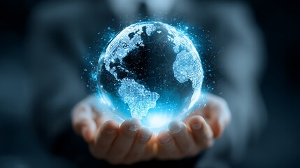 Pair of hands holding a transparent globe with digital connections and nodes superimposed over it, representing a network, global communication