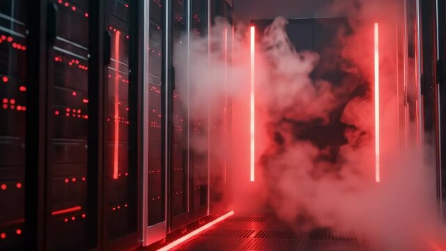 background red black. A dimly lit server room filled with towering black cabinets, illuminated by glowing red lights and enveloped in a haze of smoke, creating a high-tech atmosphere