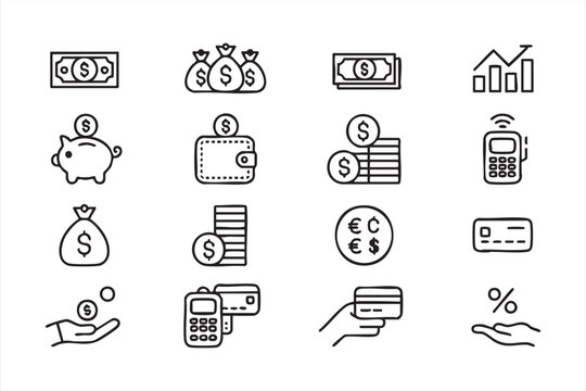 Minimalist finance and money line icon set for banking and fintech design