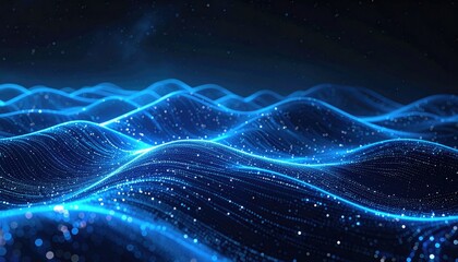 Abstract flowing blue waves with shimmering particles against a dark, starry backdrop