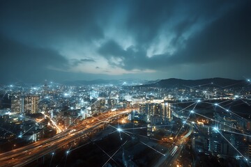 Fototapeta premium Network connection concept with modern city skyline and futuristic city skyscraper image double exposure effect apply .