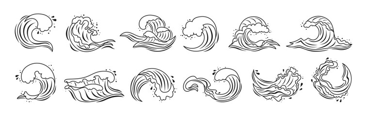 Obraz premium Sea wave doodle set with various water splashes, flowing waves and abstract ocean shapes. Wave icons graphic dynamic liquid motion, modern marine elements and fluid aquatic forms illustration