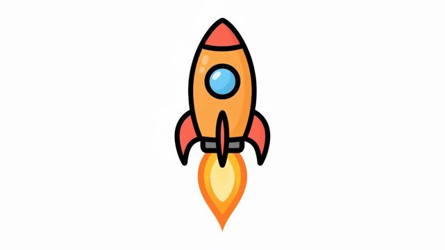 A vibrant cartoon rocket orange with red fins and nose cone features a blue porthole and an orange-yellow exhaust flame depicted launching upwards on a white background