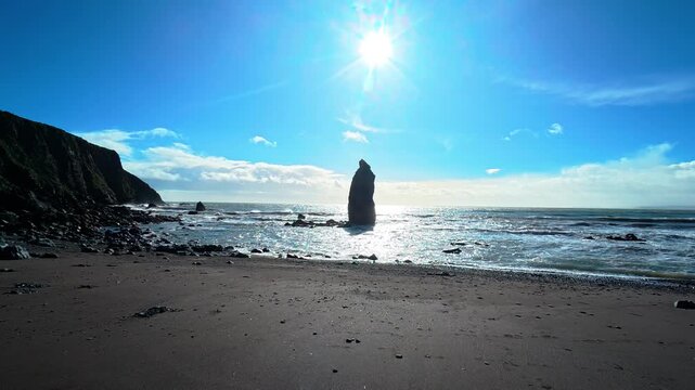 seascape Irish beaches dramatic sea stack at low tide Balltdwane Beach Waterford in spring