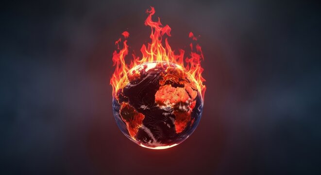 The world engulfed in severe flames, representing catastrophic global warming and dangerous atmospheric heat waves, disaster, abstract, Earth