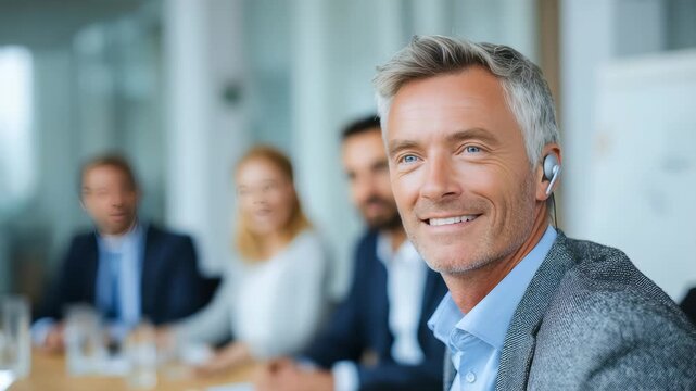 Successful executive in a stylish suit participates in a business discussion, exuding leadership and positivity. Diverse colleagues in the background contribute to a productive work environment