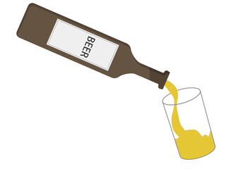 Beer bottle pouring golden lager into a glass, flat vector-style illustration isolated on light background, ideal for bar menu design, pub promotion, alcohol beverage ads, and cheers concept visuals