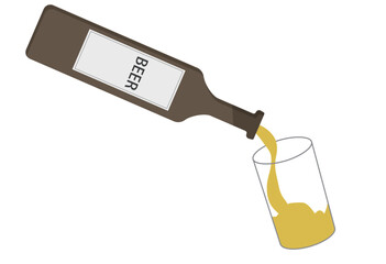 Beer bottle pouring golden lager into a glass, flat vector-style illustration isolated on light background, ideal for bar menu design, pub promotion, alcohol beverage ads, and cheers concept visuals
