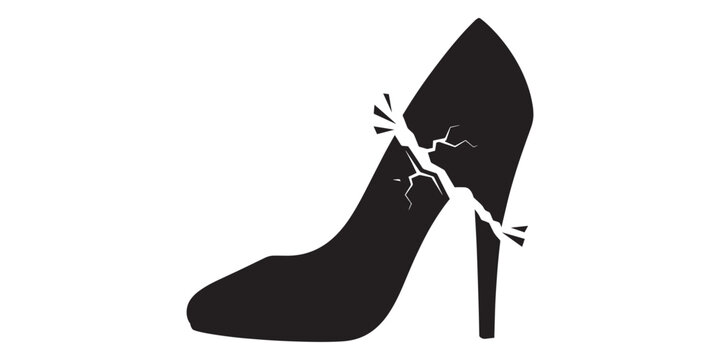Cracked high heel shoe vector silhouette with broken crack isolated on white background