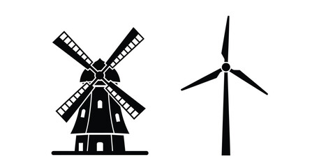 Traditional windmill and modern turbine depicted in a dark silhouette © MDJAMAL