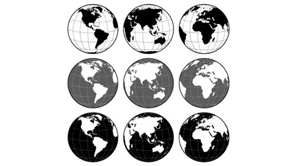 Earth Globe Icons Vector Collection with World Map Projections and Geographic Views in Various Styles