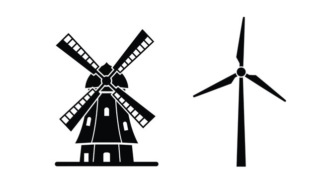 Traditional windmill and modern turbine depicted in a dark silhouette