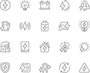 Fototapeta premium Electricity and Renewable Energy Line Icons Set with Battery, Solar Panel, Wind Turbine and Electric Vehicle Outline Vector Collection
