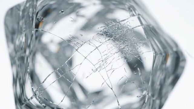 Close-up of a clear ice cube with internal cracks, rotating slowly on a white background.