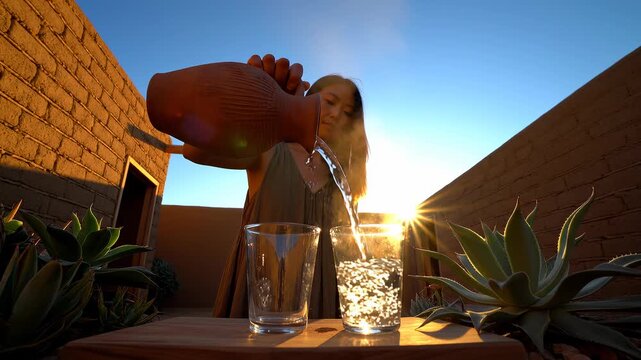 Woman Pouring Fresh Water from Clay Pitcher at Sunset in Eco-Villa