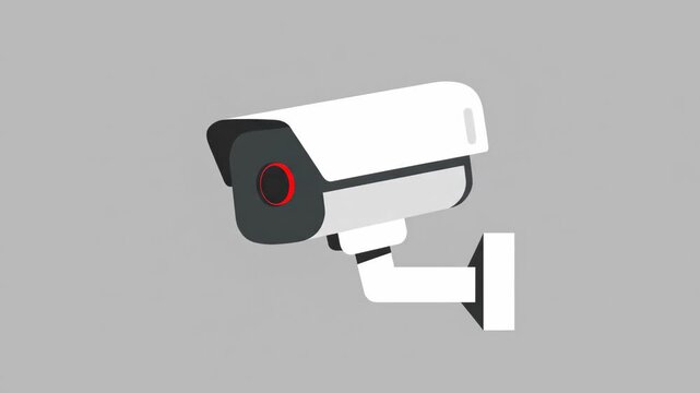 A white security camera with a dark grey face and a red lens ring mounted on a light grey wall