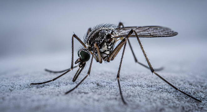 Detailed close-up of mosquito on surface showing intricate features and texture