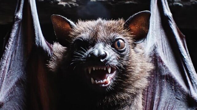 Brown Bat Hanging Upside Down in Dark.