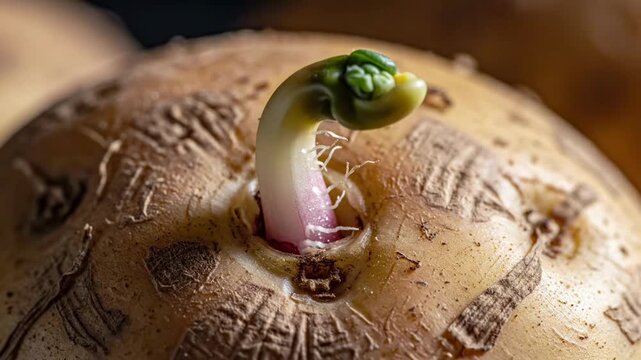 Sprouting potato tuber with emerging green shoot and roots.