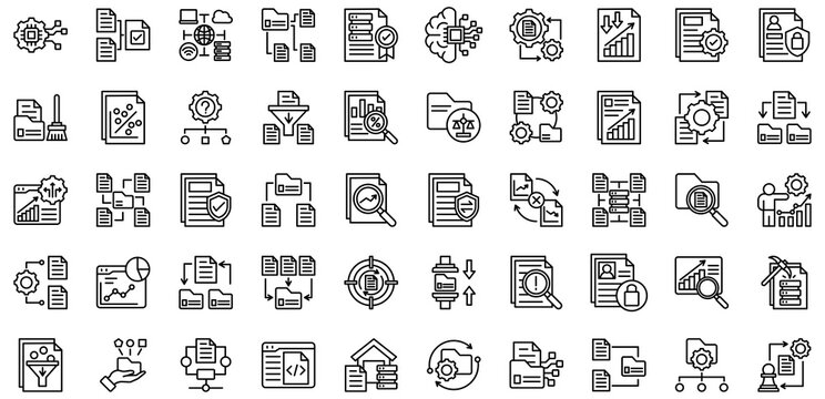 Datafication icons collection. Vector illustration. Digitalization, Normalization, Infrastructure, Data Classification, Data Quality. Pro Vector	
