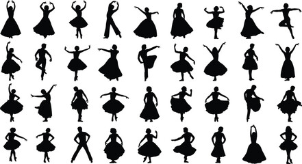 Set of black dancer silhouettes featuring various ballet ballroom and contemporary dance poses for artistic performance and stage theater design icons © MDJAHID